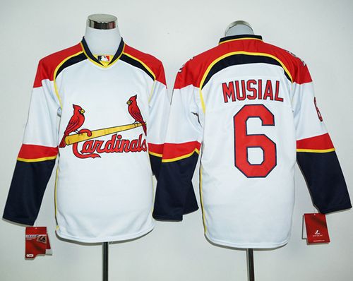 Cardinals #6 Stan Musial White/Red Long Sleeve Stitched MLB Jersey